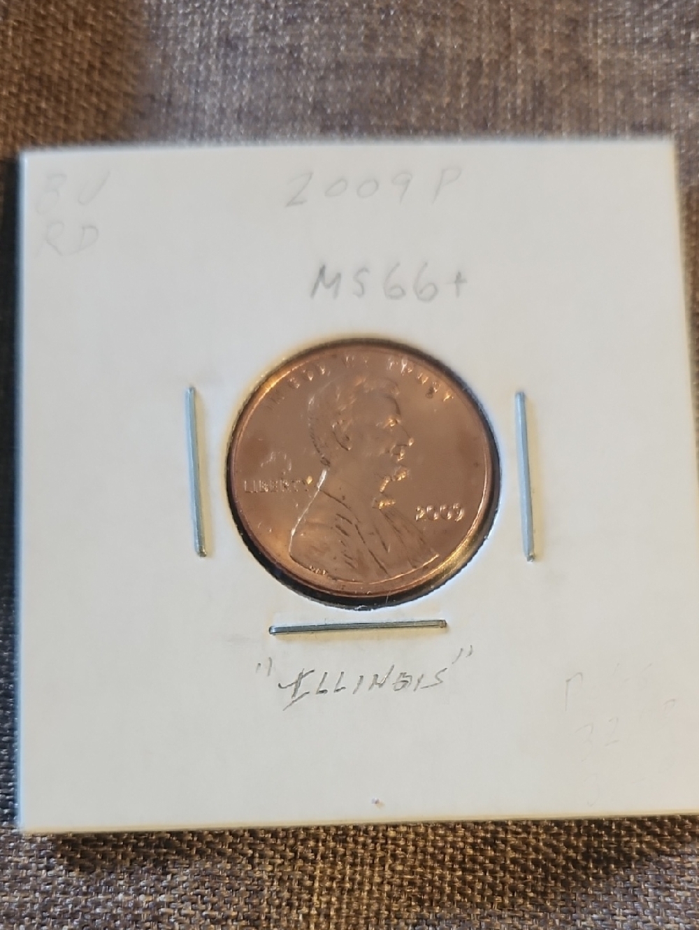 2009-P Lincoln Cent in White 2x2 Card Holder - Copper Tone